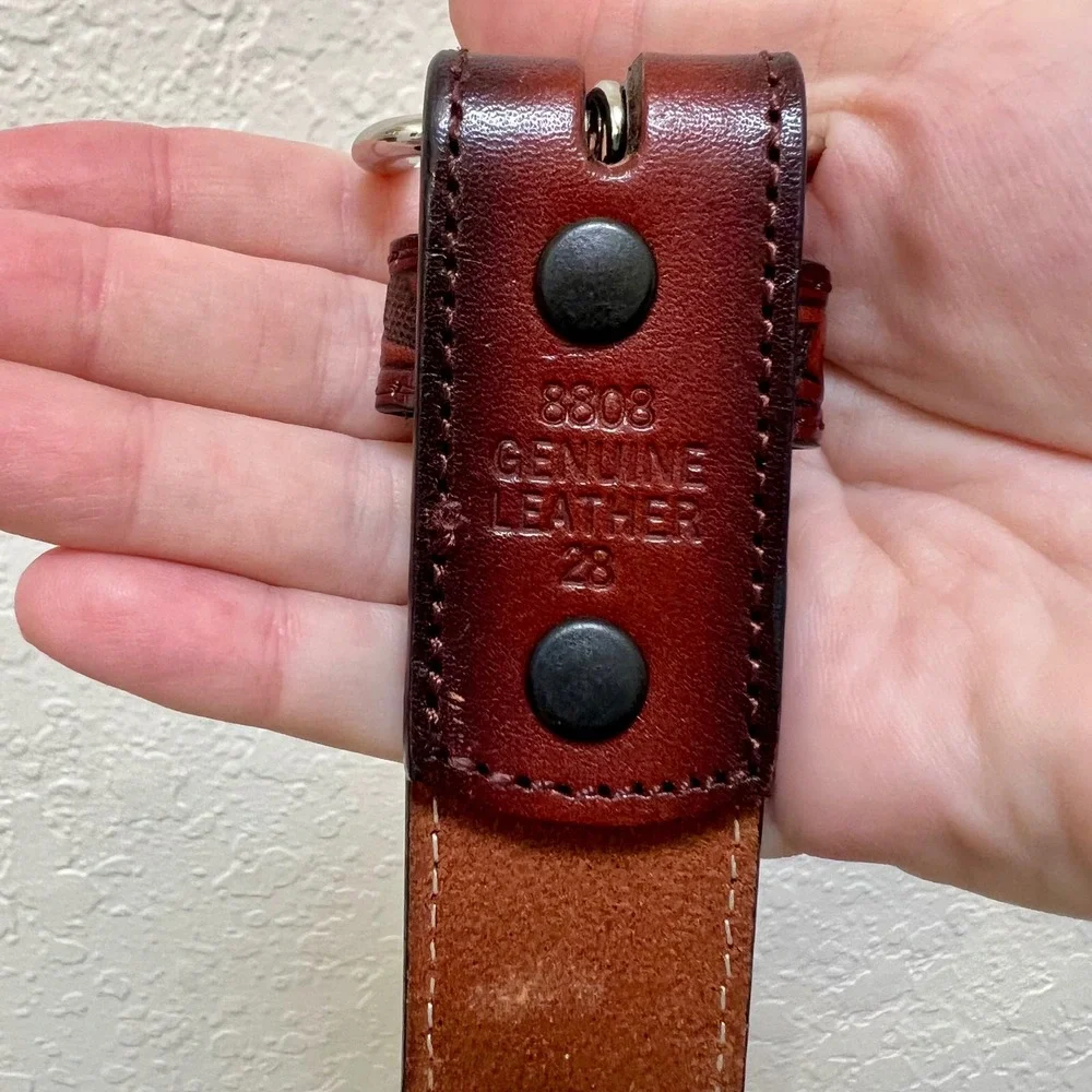 3D Belt Co Brown Tooled Leather Beaded Western Belt 28 Cross Geometric NWOT